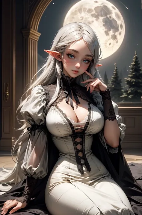 {-erro_de_anatomia:1.0} Moonlit night, sexy elf young victorian girl, very big breasts, white dress, victorian dress, sexy see-through underwear with lace, Beautiful Woman, happy face, gray hair, long hair, sitting on the floor,1 girl