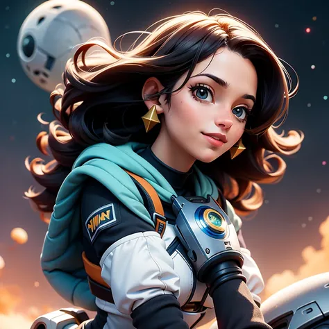 Jovencita, armadura, Science fiction, aventurera, pistola, falda corta, sexy, brazo de robot, cabello largo, sonriendo, cabello negro, galactic setting. 