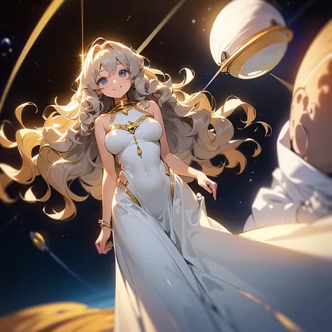 (((Alone woman))),(((Light skin))),(((Wavy golden hair))),(((blue-gray eyes))),(body curves),(((sweet smile))) ,(((beautiful white long dress))),(((being in outer space)))