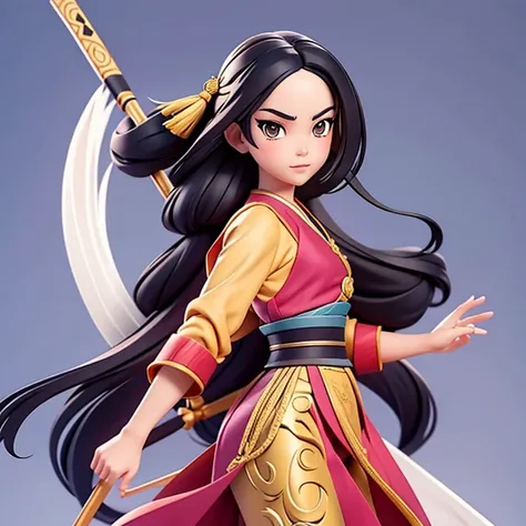 Mulan, Manga, ilustracion, joven cabello largo, color de pelo negro, espada.