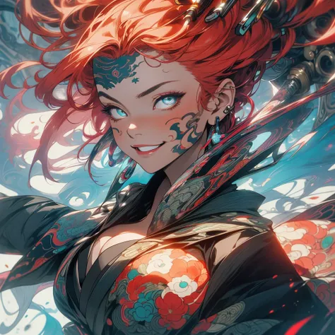 (((highest quality))),(((detailed eyes))),(((32k))),(1 girl),Red hair,(tattoo),(cyber punk),kimono,((Luxurious and gorgeous)),Shiny skin,earrings,flashy,((Super beautiful woman)),(perfect face),Japanese sword,ultimate texture,official art,Ukiyo-e,stylish,p...