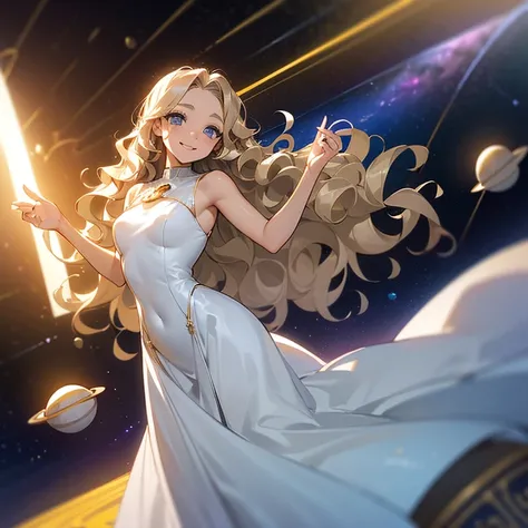 (((Alone woman))),(((Light skin))),(((Wavy golden hair))),(((blue-gray eyes))),(body curves),(((sweet smile))) ,(((beautiful white long dress))),(((being in outer space)))