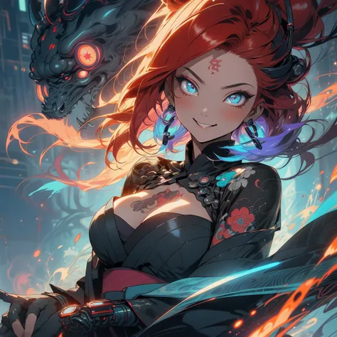 (((highest quality))),(((detailed eyes))),(((32k))),(1 girl),Red hair,(tattoo),(cyber punk),kimono,((Luxurious and gorgeous)),Shiny skin,earrings,flashy,((Super beautiful woman)),(perfect face),Japanese sword,ultimate texture,official art,Ukiyo-e,stylish,p...