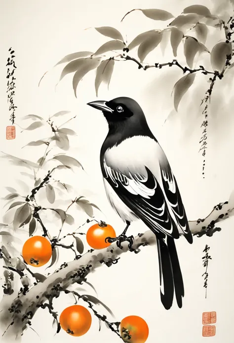 Chinese ink painting, A magpie stands on a branch of the persimmon tree, white background, super details, eye level, Extra Long Shot(ELS).