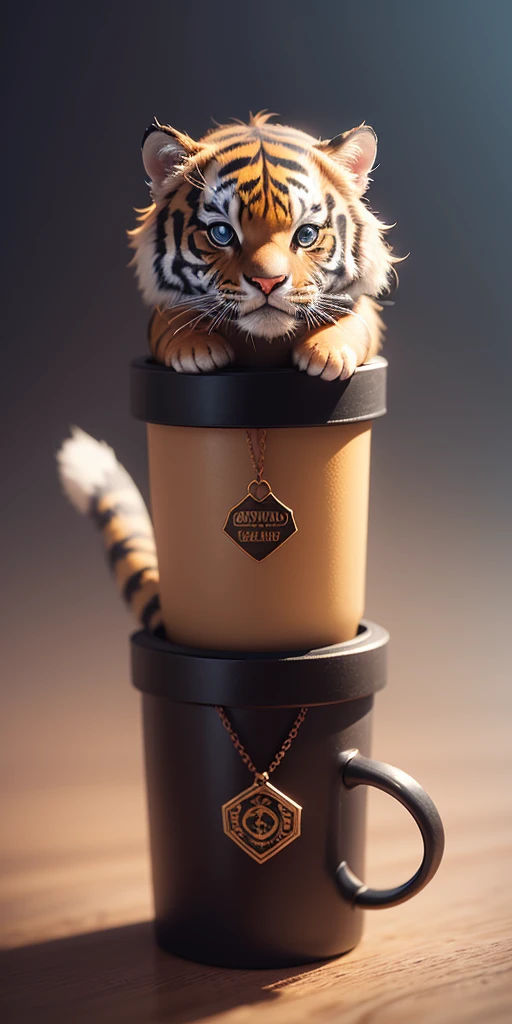 cute tiny hyperrealist Tiger with different color eyes waring a necklace, Chibi, adorable and fluffy, logo design, cartoon, cinematic lighting effect, charming, 3D vector art, cute and quirky, fantasy art, bokeh, hand-drawn, digital painting, soft lighting...