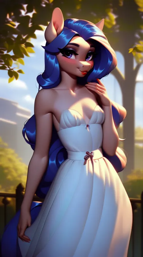 (score_9), (source_ derpibooru_p_95), (earth pony), ((anthro oc pony:1.1)), (shoulderless ruffled sun dress), very cute, blushing, solo, realistic long hair, anatomically correct, flat chest, solo, curvy figure, high res, bottom lip, extremely detailed, te...