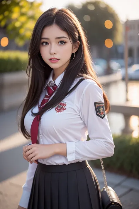 (2 brown hair, Amazing face and eyes, ojos rosados, (Uniforme de alta escuela con los pechos abiertos:1.2), hermosos pechos grandes, Pechos desnudos, (Amazingly beautiful girl), brown hair, (Uniforme de escuela secundaria, Minifalda plisada:1.5), ((La mejo...