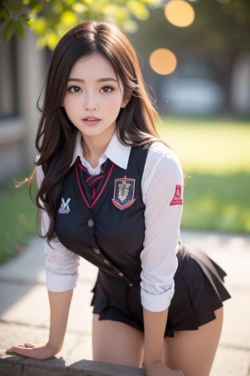 (2 brown hair, Amazing face and eyes, ojos rosados, (Uniforme de alta escuela con los pechos abiertos:1.2), hermosos pechos grandes, Pechos desnudos, (Amazingly beautiful girl), brown hair, (Uniforme de escuela secundaria, Minifalda plisada:1.5), ((La mejo...