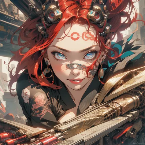 (((highest quality))),(((detailed eyes))),(((32k))),(1 girl),Red hair,(tattoo),(cyber punk),kimono,((Luxurious and gorgeous)),Shiny skin,earrings,flashy,((Super beautiful woman)),(perfect face),Japanese sword,ultimate texture,official art,Ukiyo-e,stylish,p...