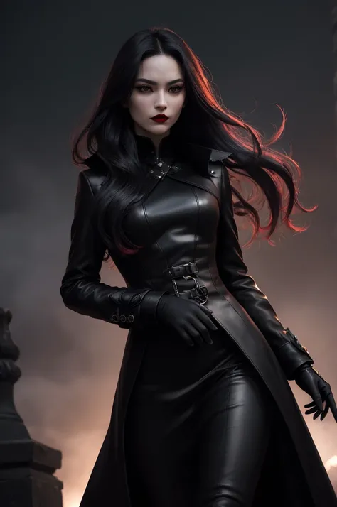 (high quality,4k,8k,highres,masterpiece:1.2),ultra-detailed,(realistic,photorealistic,photo-realistic:1.37),vivid colors,sharp focus,bokeh,[official character art],[full-body character portrait],[female rogue assassin],[vampire],[red coat],[black dress],[h...