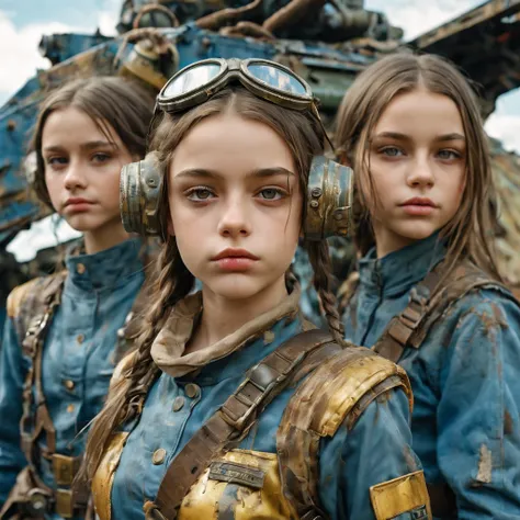 3 girls, 11 years old perfect likeness of Dasha Teran SDXL wearing blue and gold vaultgirl. Goggles on one girl, clothing torn, girls clothes and faces are dirty from battle. All girls petite and slim, small girls, short girls, fine detailed eyes, weapons ...