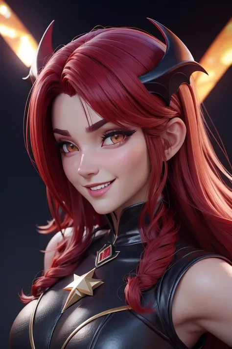 Beautiful female succubus head, Disfraz de reno, en globo de nieve, sonrisa suave, Lindo retrato de cuerpo entero, figura esbelta de pie, Personaje de dibujos animados, medieval, Renderizado 3D, symatic lighting, Trazado de rayos. Rojo crujiente, luz radia...