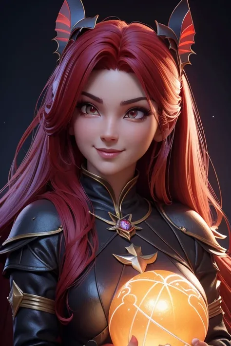 Beautiful female succubus head, Disfraz de reno, en globo de nieve, sonrisa suave, Lindo retrato de cuerpo entero, figura esbelta de pie, Personaje de dibujos animados, medieval, Renderizado 3D, symatic lighting, Trazado de rayos. Rojo crujiente, luz radia...