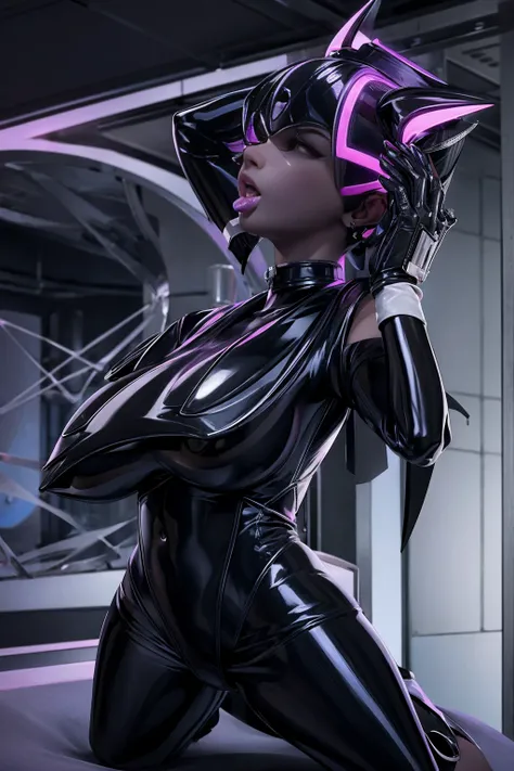 full body picture Unreal Engine 5 8K UHD of beautiful woman, white short hair, Wearing black and white tight futuristic latex spider woman cosplay, latex gloves, wearing purple glasses, earrings, Lip piercing, Modern city, highest quality, masterpiece, 8K ...