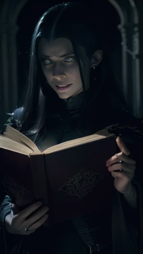 ((obra-prima)), ((melhor qualidade)), ((cinematic lighting): 1.0), ((medium close-up): 1.0)Uma bruxa, Cabelo branco, pale skin, olhos vermelhos, holding an open grimoire. ((Behind her, various demonic creatures look at the book, preparing to leave your hel...