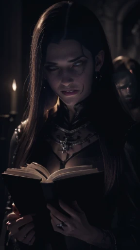 ((obra-prima)), ((melhor qualidade)), ((cinematic lighting): 1.0), ((medium close-up): 1.0)Uma bruxa, Cabelo branco, pale skin, olhos vermelhos, holding an open grimoire. ((Behind her, various demonic creatures look at the book, preparing to leave your hel...