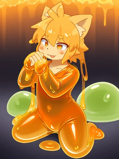 A male light orange cub，被slime覆盖，slime，light orange cuollars，被slime覆盖，fall（（充满银色slime）），kneeling，防护服