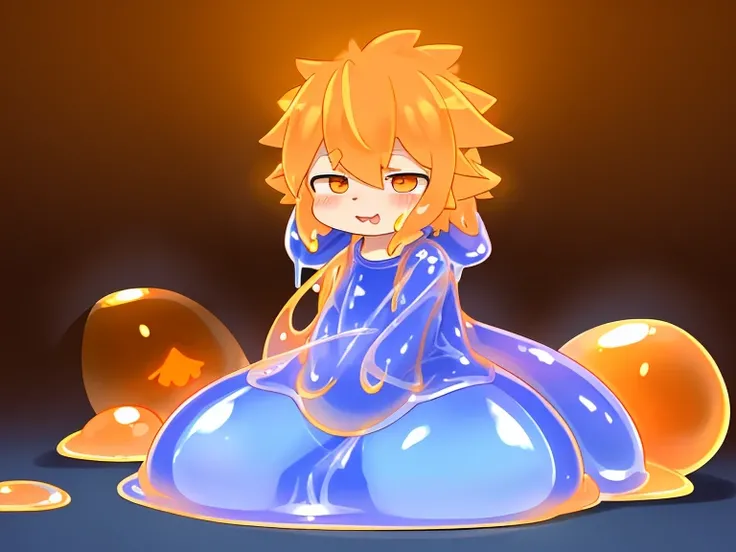 A male light orange cub，被slime覆盖，slime，light orange cuollars，被slime覆盖，fall（（充满银色slime）），kneeling，防护服