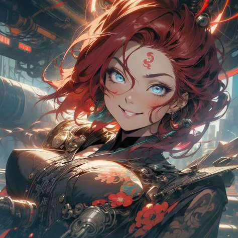 (((highest quality))),(((detailed eyes))),(((32k))),(1 girl),Red hair,(tattoo),(cyber punk),kimono,((Luxurious and gorgeous)),Shiny skin,earrings,flashy,((Super beautiful woman)),(perfect face),Japanese sword,ultimate texture,official art,Ukiyo-e,stylish,p...