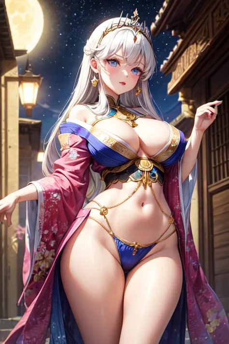 thin white character captivating appearance, whose presence is marked by a unique combination of elegance and mystery, platinum hair, blue eyes, pink lips, large breasts, wide waist, wide hips and a large ass, wearing elaborate kimonos, Adorned with lunar ...