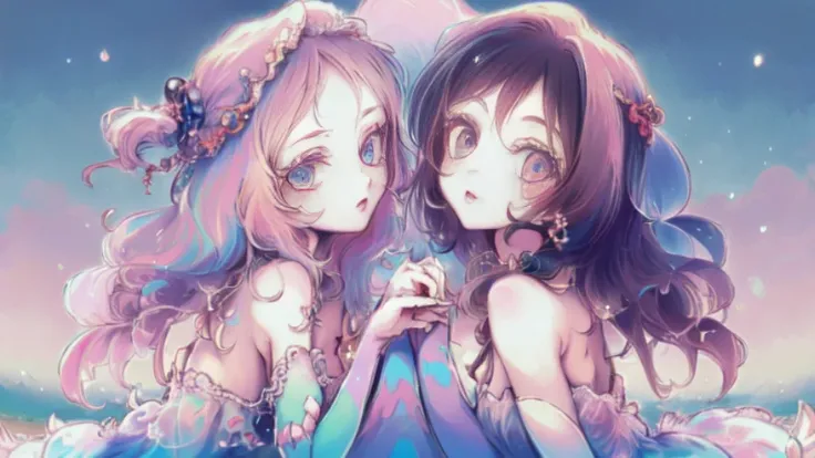 masterpiece, (2girls and 2girls and 2girls and 2girls), idol, closeup, big eyes, kawaiitech, kawaii, cute, pastel colors, best quality, happy, deep background, symmetrical, tilted head, summer, cover, title