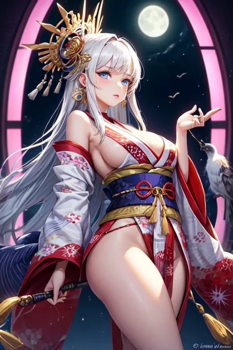 thin white character captivating appearance, whose presence is marked by a unique combination of elegance and mystery, platinum hair, blue eyes, pink lips, large breasts, wide waist, wide hips and a large ass, wearing a luxurious kimono, richly decorated w...