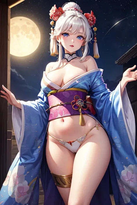 thin white character captivating appearance, whose presence is marked by a unique combination of elegance and mystery, platinum hair, blue eyes, pink lips, large breasts, wide waist, wide hips and a large ass, wearing a luxurious kimono, richly decorated w...