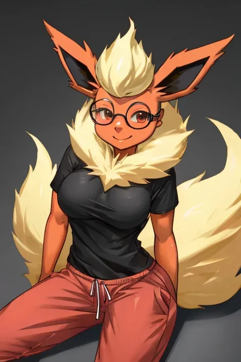 ((Flareon)), anthropomorphic, big boobs, big ass, pokemorph, (((1girl))), (((black t-shirt))), (pink sweatpants), cute and sexy, slender, red skin, (glasses), long legs, smiling