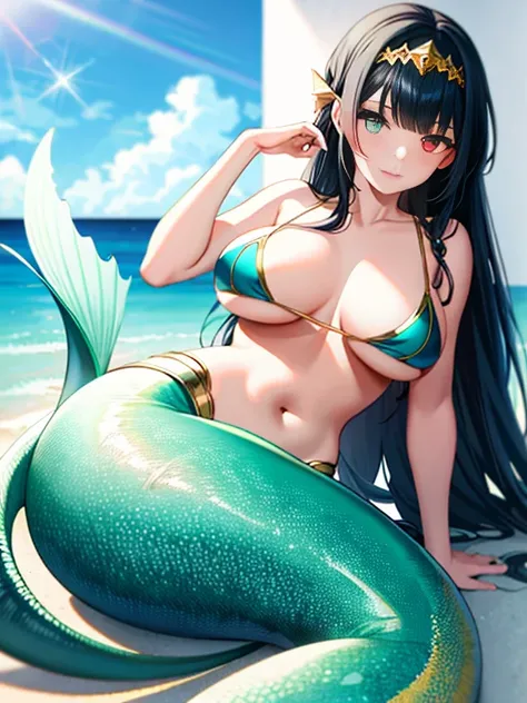 mermaid, mermaid tail, large breasts, (1girl), black hair, adult female, headband, heterochromia:1.5, red eye, yellow eye, 