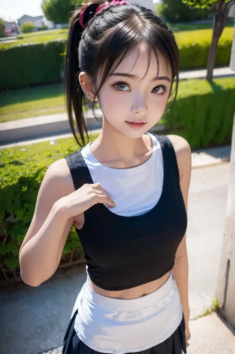 (((highest quality)), (1 girl), (perfect anatomy), embarrassed expression, pretty girl, (Untidy hair、ponytail), face to face,white tank top、pleated skirt、