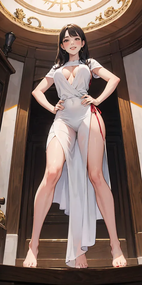 A single full-length woman standing at a symmetrical low angle, from below, barefoot, smiling lustfully with red blush, hands on hips, big knockers