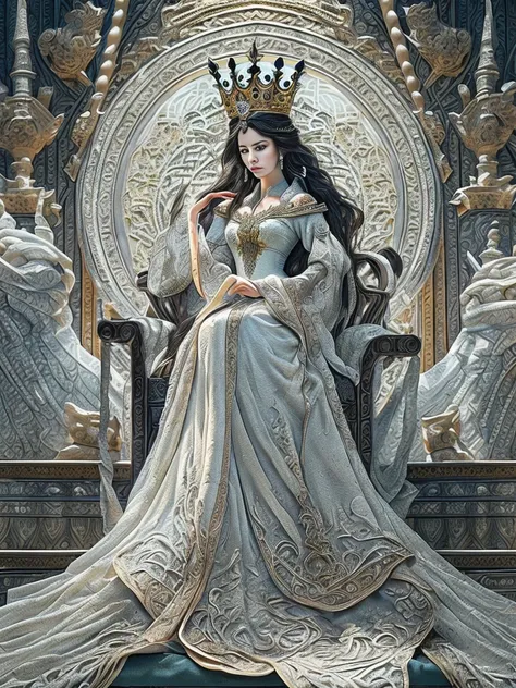 high details, best quality, 8 thousand, [ultra detail], masterpiece, best quality, (very detailed), Ultra Wide Shot, realistic, Photo of the Empress in a white dress (intricate details, masterpiece, best quality: 1.5), Holding the [hall] (intricate details...