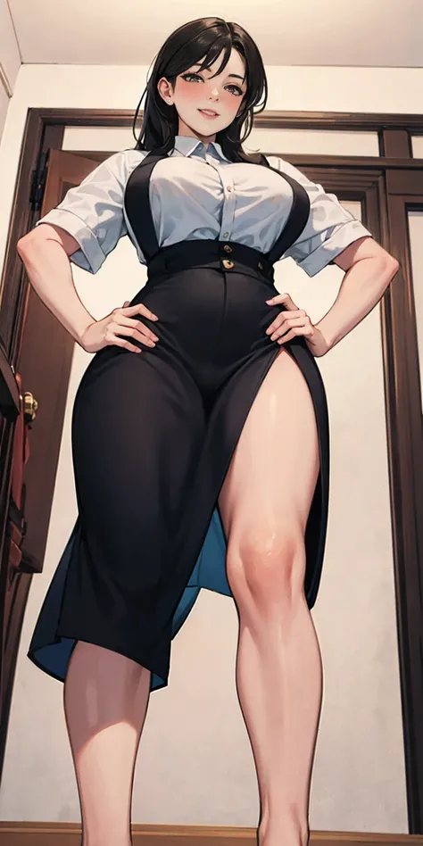 A single full-length woman standing at a symmetrical low angle, from below, barefoot, smiling lustfully with red blush, hands on hips, big knockers