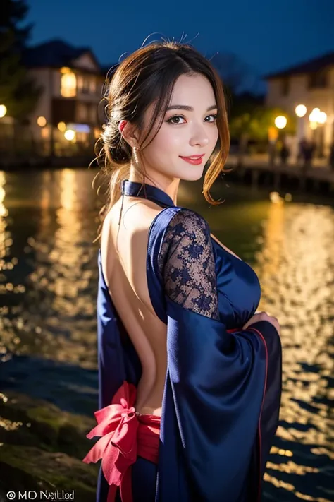 smile、night、RAW photo、Beautiful woman with a flirtatious smile,Super busty ronin wearing a lace kimono, blue eyes, Heart stick, cleavage, bare chest, HD, UHD, WLOP, complicated hairstyle, View from behind, big anime eyes, realistic eyes, very detailed目, na...