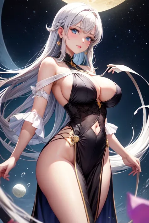 thin white character captivating appearance, whose presence is marked by a unique combination of elegance and mystery platinum hair blue eyes pink lips large breasts wide hips end waist and big ass wearing an elegant blouse with a subtle lunar pattern. The...