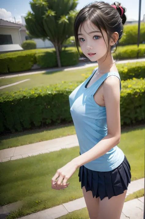 (((highest quality)), (1 girl), (perfect anatomy), embarrassed expression, pretty girl, (Untidy hair、ponytail), face to face,white tank top、pleated skirt、nipple protrusion