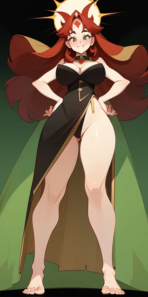 A single full-length woman standing at a symmetrical low angle, from below, barefoot, smiling lustfully with red blush, hands on hips, big knockers
