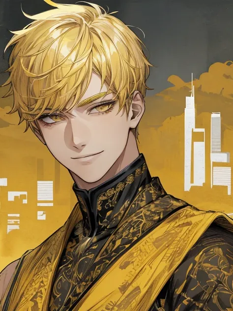 extremely detailed, 1 man, solo, perfect face, pretty face, highly detailed face，yellow short hair, yellow eyebrows、Handsome man with expressive eyes, smiling, yellow eyes、(((skyline)))、(muste piece), (best quality)、model pose