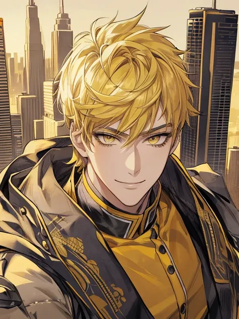 extremely detailed, 1 man, solo, perfect face, pretty face, highly detailed face，yellow short hair, yellow eyebrows、Handsome man with expressive eyes, smiling, yellow eyes、(((skyline)))、(muste piece), (best quality)、model pose