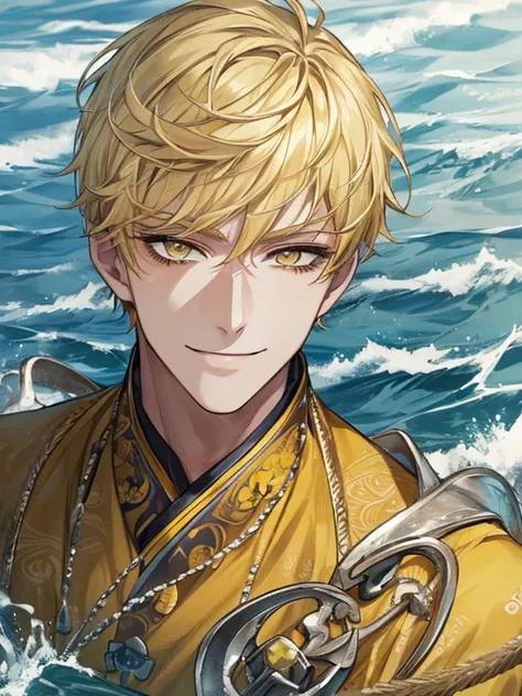 extremely detailed, 1 man, solo, perfect face, pretty face, highly detailed face，yellow short hair, yellow eyebrows、Handsome man with expressive eyes, smiling, yellow eyes、(((In the sea)))、(muste piece), (best quality)、model pose