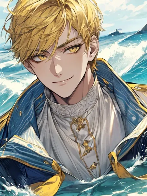 extremely detailed, 1 man, solo, perfect face, pretty face, highly detailed face，yellow short hair, yellow eyebrows、Handsome man with expressive eyes, smiling, yellow eyes、(((In the sea)))、(muste piece), (best quality)、model pose