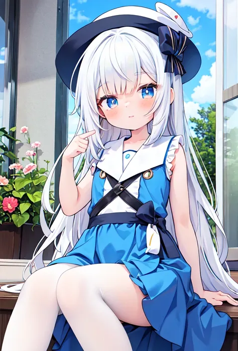 anime girl with a hat and a blue dress sitting on a window sill, trending on artstation pixiv, top rated on pixiv, digital art on pixiv, seductive anime girl, small curvy loli, pixiv, pixiv contest winner, beautiful alluring anime woman, highly detailed ex...