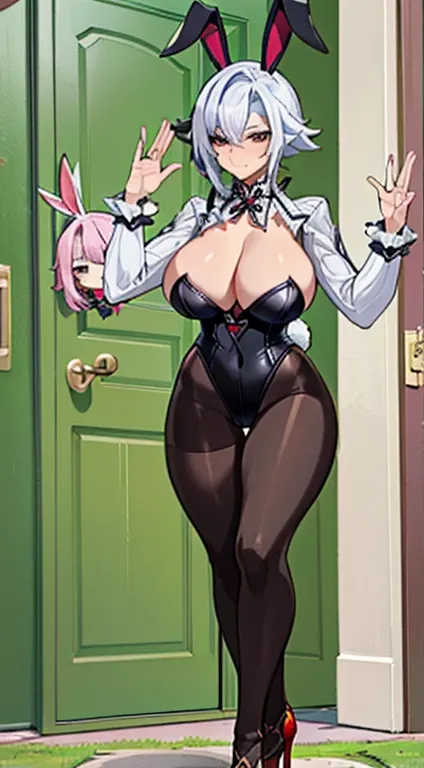 NSFW, 2girls, arlecchino and her mom, arlecchino from genshin impact, mom and daughter, hot girls, big tits, super huge tits, cool girls, a quiet and serious girls, badass, firm expression, erotic model poses, full bodys, ((greeted behind the door)), bunny...