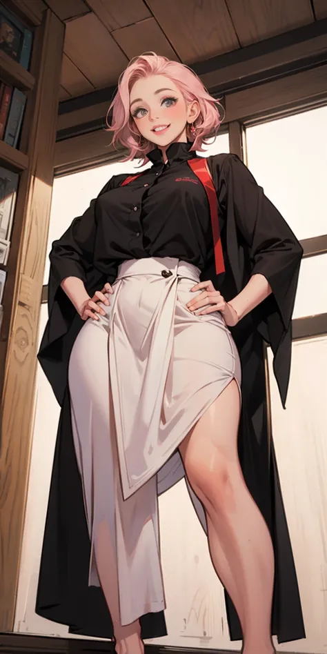 A single full-length woman standing at a symmetrical low angle, from below, barefoot, smiling lustfully with red blush, hands on hips, big knockers