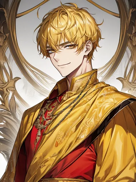 extremely detailed, 1 man, solo, perfect face, pretty face, highly detailed face，yellow short hair, yellow eyebrows、Handsome man with expressive eyes, smiling, yellow eyes、(((red long gown)))、(muste piece), (best quality)、