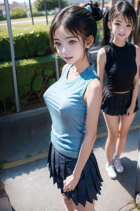 (((highest quality)), (1 girl),Go to the amusement park (perfect anatomy),embarrassed expression, pretty girl, (Untidy hair、ponytail), face to face,sleeveless shirt、pleated skirt、nipple protrusion