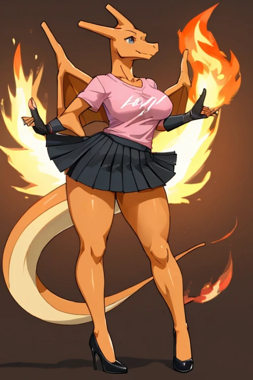 ((Charizard)), anthropomorphic, big boobs, big ass, pokemorph, (((1girl))), (((pink t-shirt))), (black pleated skirt), cute and sexy, (black heels), slender, orange skin, (black fingerless gloves), long legs, smiling, wedgie, butt showing