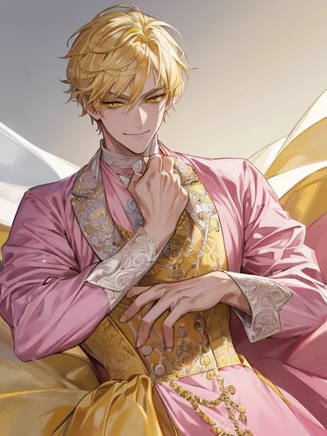 extremely detailed, 1 man, solo, perfect face, pretty face, highly detailed face，yellow short hair, yellow eyebrows、Handsome man with expressive eyes, smiling, yellow eyes、(((Pink Gown)))、(muste piece), (best quality)、