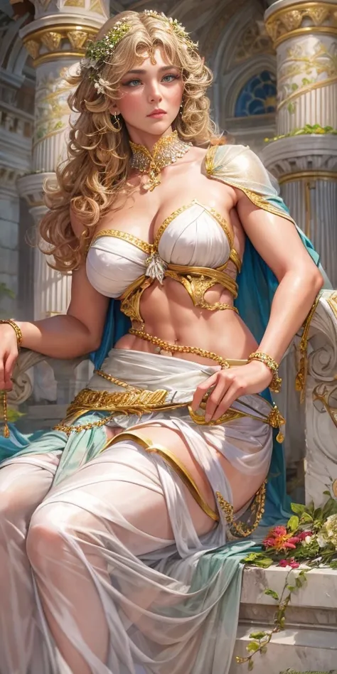 Greek goddess Aphrodite, serious and sexy face, has a face of supernatural beauty and short curly blonde hair decorated with flowers, as well as blue eyes. (perfect anatomy) , (perfect eyes) Her figure is extremely voluptuous, Gigantic breasts, Heavy breas...