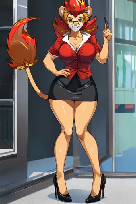 ((Pyroar)), anthropomorphic, big boobs, big ass, pokemorph, (((1girl))), (((red blouse))), (black pencil skirt), cute and sexy, (black heels), slender, brown skin, (glasses), long legs, smiling